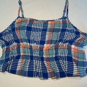 NWT - SO Cropped Crunch Waist Tank shades of Blue/Orange Plaid - XL